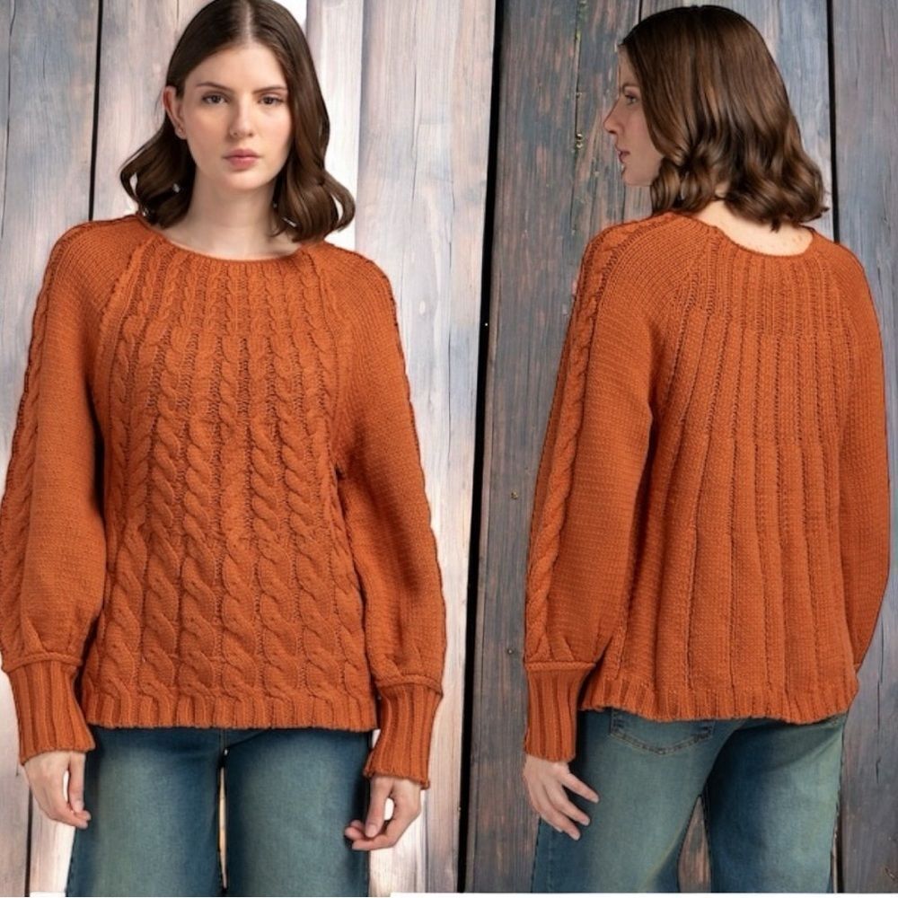 Rust Cable-Knit Round Neck Raglan Sleeve Sweater Large NEW - HYFVE - Picture 7 of 14